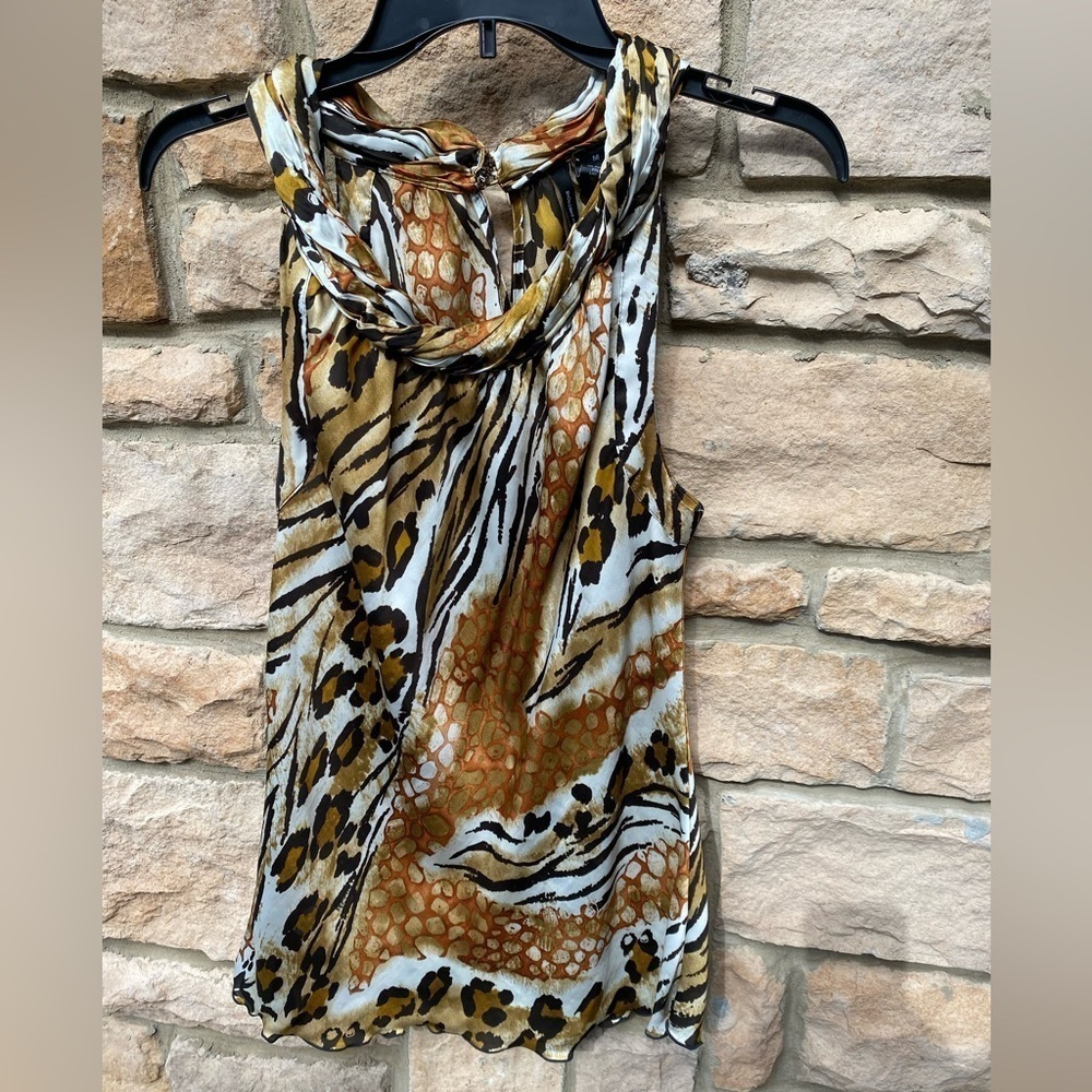 New Directions Sleeveless Blouse. black, brown, white, rust animal print EUC